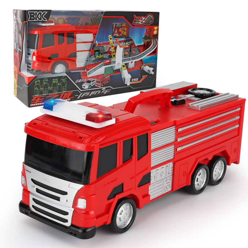 大号消防车玩具停车场弹射套装儿童惯性回力车宝宝玩具3456带故事警车