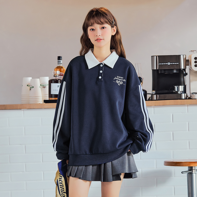 唐狮新款polo衫女2024春秋长袖翻领卫衣宽松百搭设计感上衣_24210 M 藏青