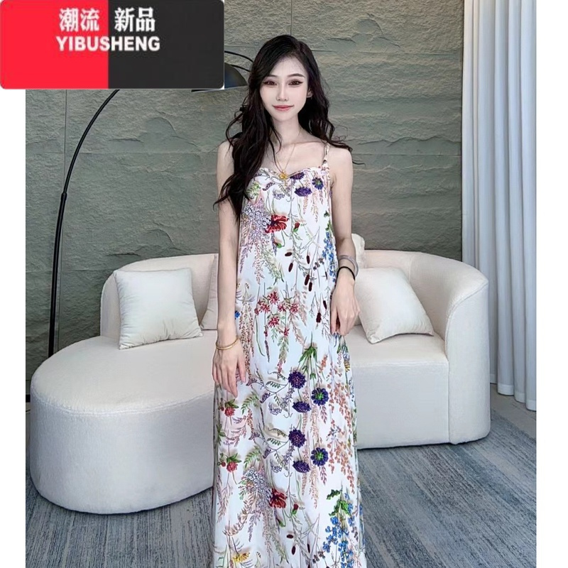 YIBUSHENG杏色轻奢长裙印花2024女款季缎料无袖气质时尚宽松遮肚子连衣裙