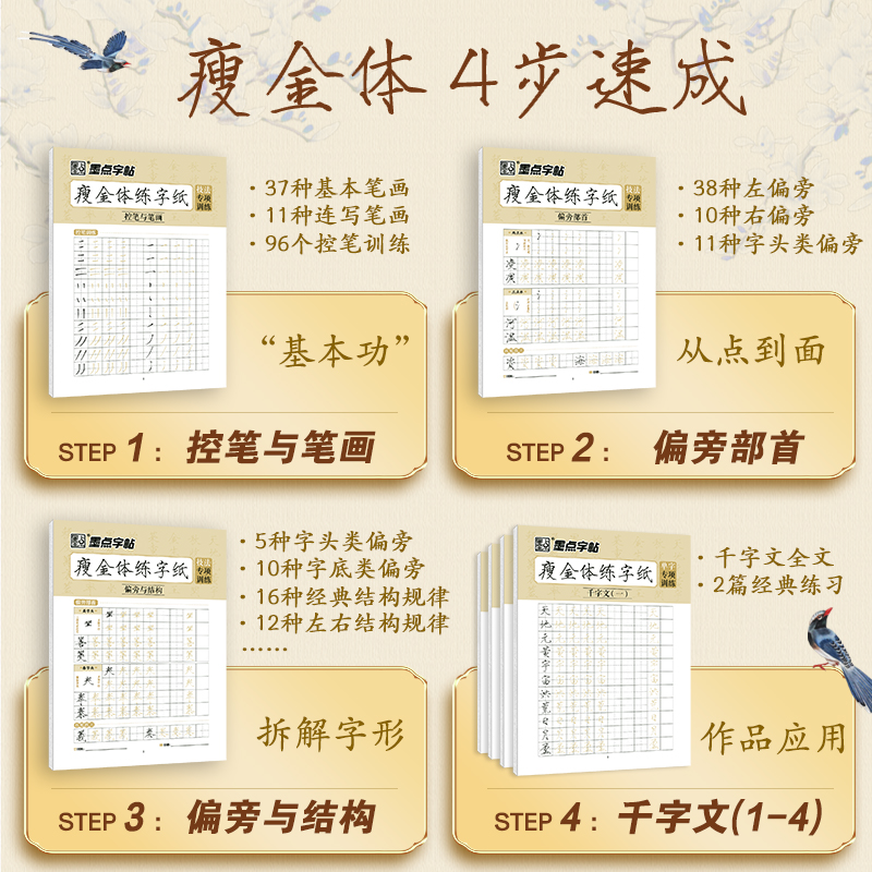 [全家福][加笔]全套7册 [正版]瘦金体字帖练字成年男女生字体漂亮大学生钢笔硬笔成人宋徽宗千字文古风描红硬笔练字帖初学高清大图