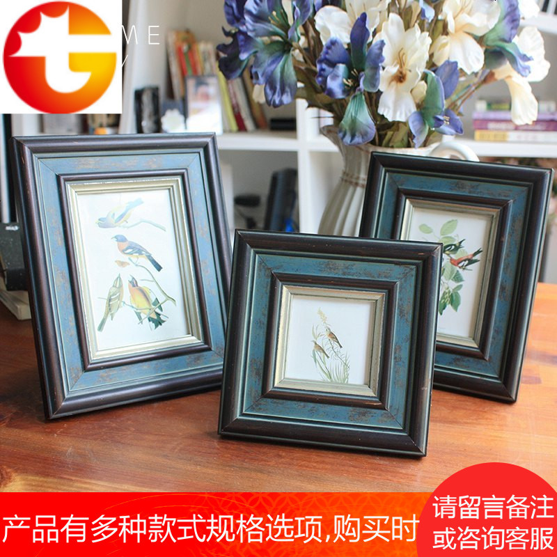 实木复古相框摆台 美式乡村 地中海 挂墙组合蓝色宽边 6寸7寸客厅