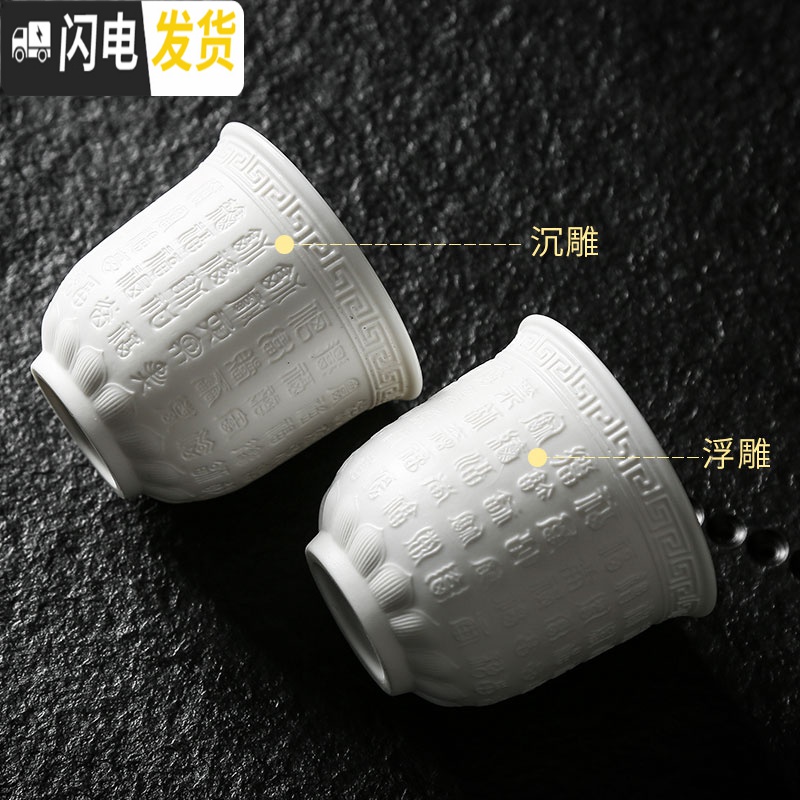 三维工匠德化白瓷茶杯茶具主人单杯陶瓷大号品茗茶杯浮心经万福杯 白瓷如意心经杯沉雕高清大图
