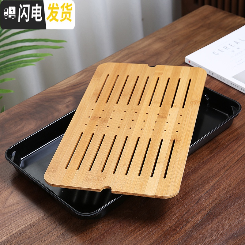 三维工匠家用简约功夫茶具茶盘套装迷你储水密胺干泡小茶台日式竹制茶托盘 八骏-干泡密胺黑底盘高清大图