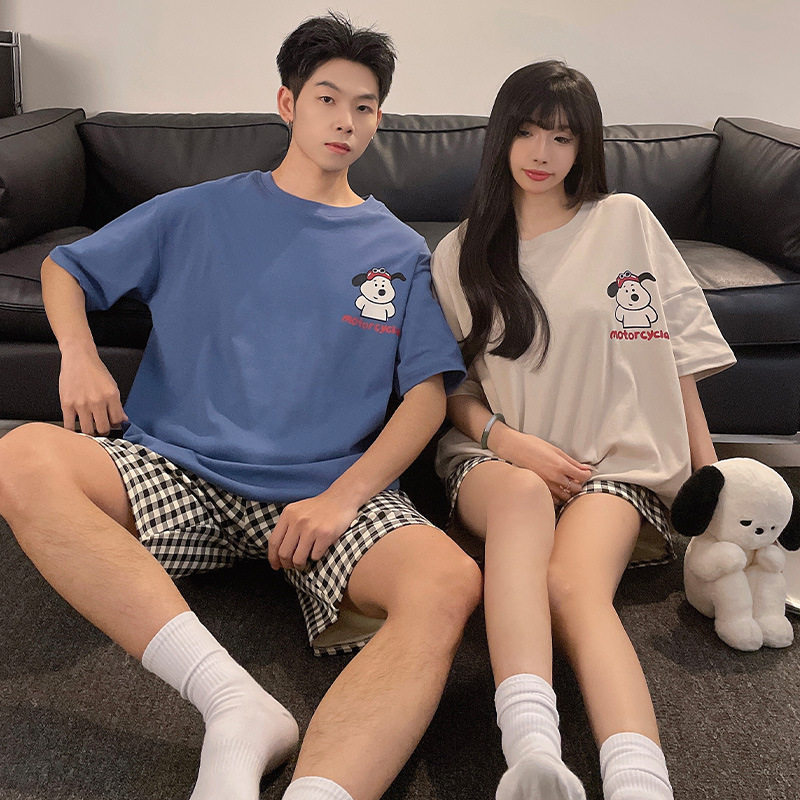 情侣秋冬季卡通套头睡衣短袖短裤女宽松休闲男士家居服可外穿套装高清大图