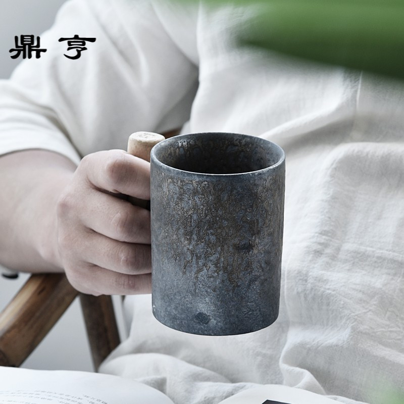 鼎亨创意手工木柄窑变马克杯带碟勺陶瓷茶杯子简约日式办公水咖啡
