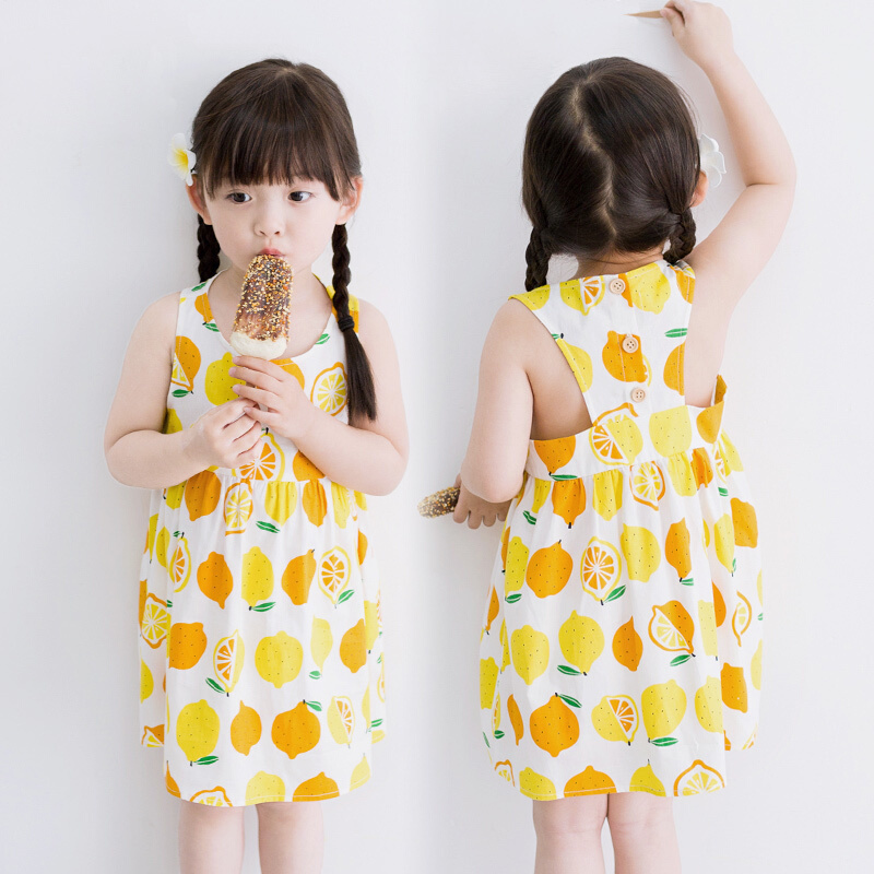 清凉女童背心裙2018欧美童装夏款儿童宝宝柠檬连衣裙公主裙子白色柠檬裙