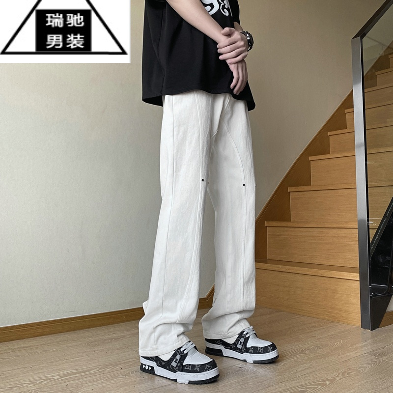 希杰狮王美式夏季薄款牛仔裤男士按扣设计感修身裤子vibe潮流高街直筒长裤