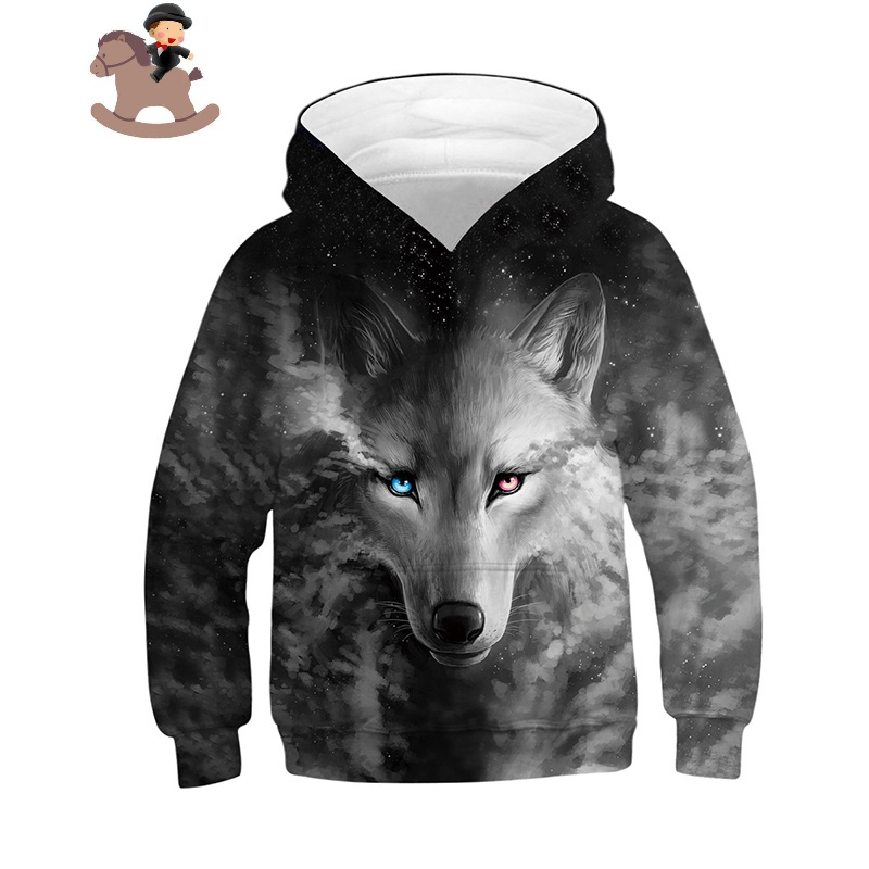 yuebin儿童卫衣春秋款童装新年衣服连帽3d狼头印花中大