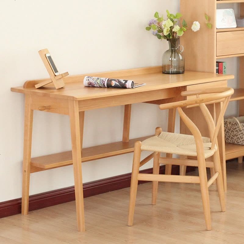 无印风格小户型环保纯全实木电脑学习桌子带书架北欧日式简约书桌图片