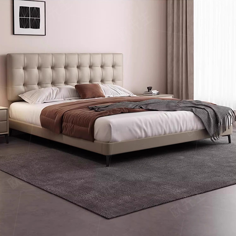 极窄系列头层牛皮床主卧次卧双人大床实木真皮极简婚床高清大图