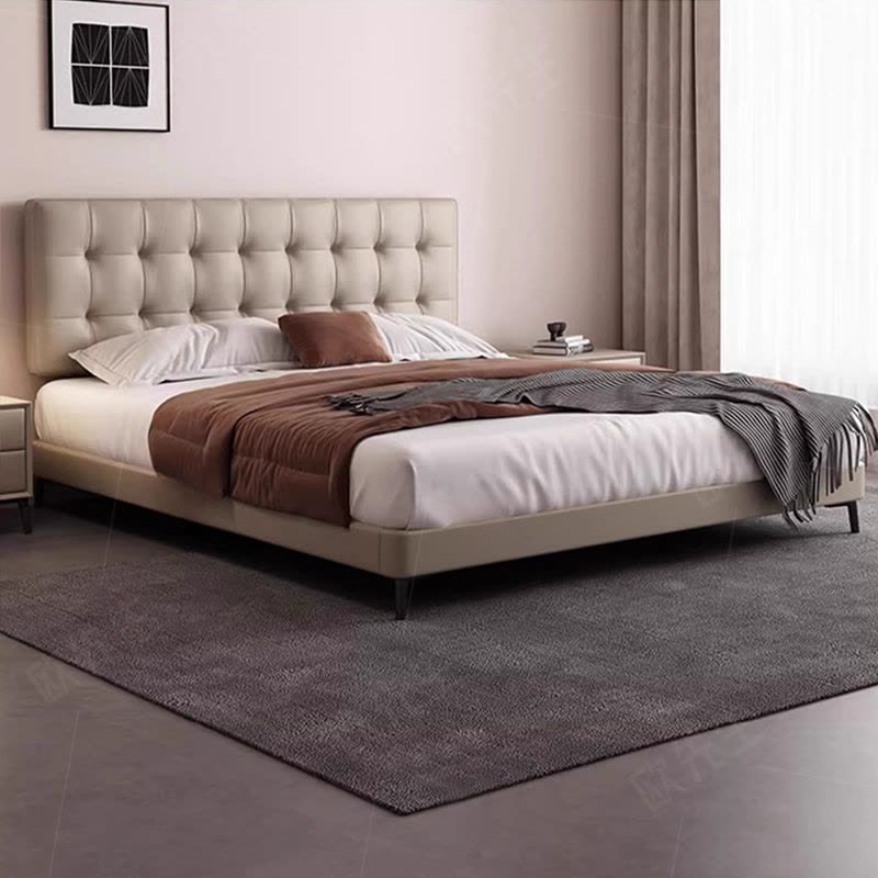 极窄系列头层牛皮床主卧次卧双人大床实木真皮极简婚床图片