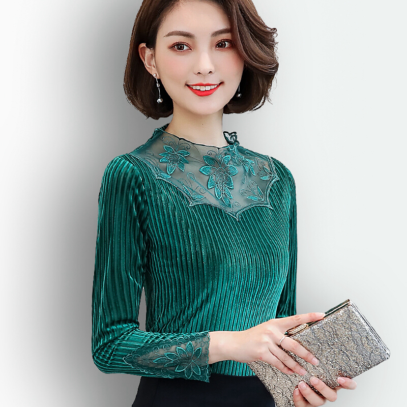 蕾丝衫女长袖2018春秋装修身百搭小衫立领上衣时尚镂空打底衫绿色薄款