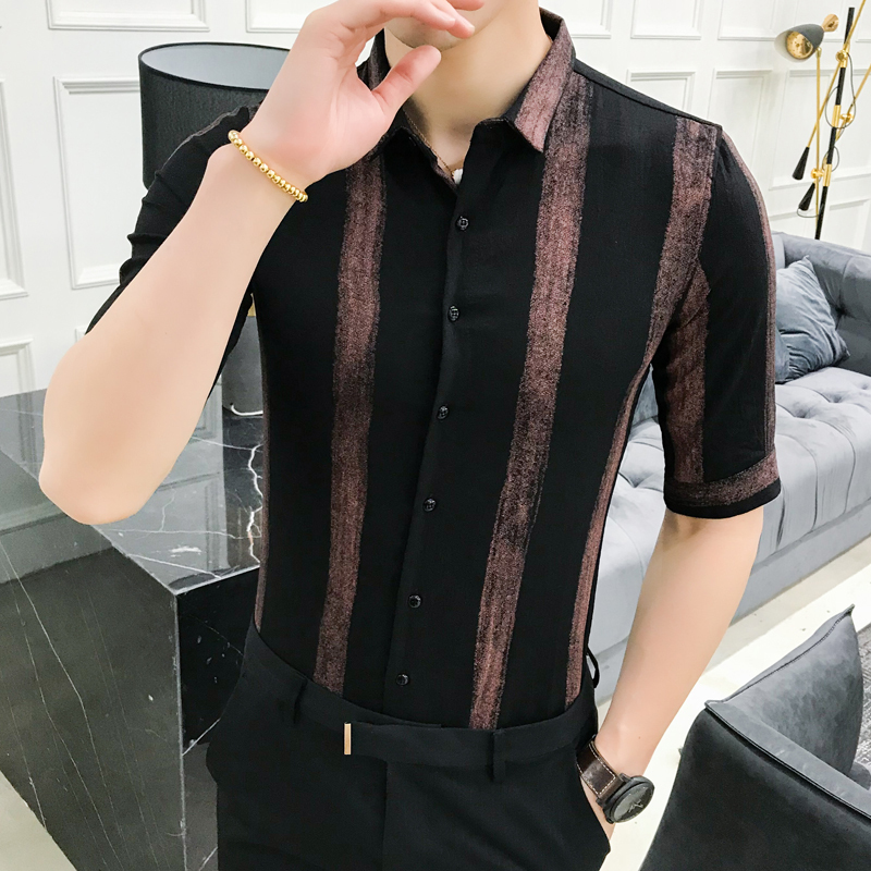 夏款五分袖衬衫男修身型师休闲中袖条纹短袖衬衣韩版气质五分袖