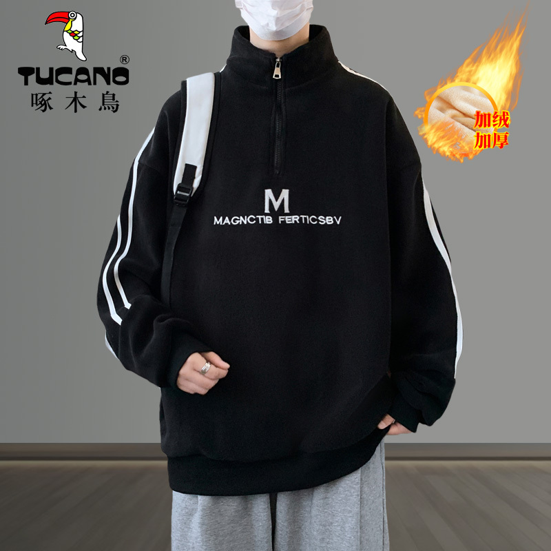 啄木鸟冬季半高领加绒厚卫衣男时髦青少年初高中学生潮流帅气套装