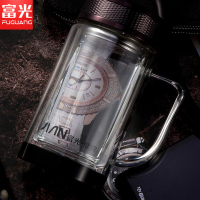 富光(FUGUANG)玻璃杯X006-320B 320ml键牌双层玻璃杯带手柄 透明带盖耐热防烫时尚办公水杯
