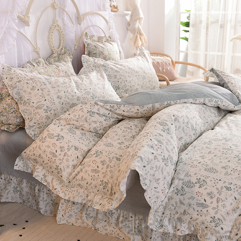 艾洛苏 田园小碎花荷叶边40支纯棉四件套全棉床裙四件套三件套床单