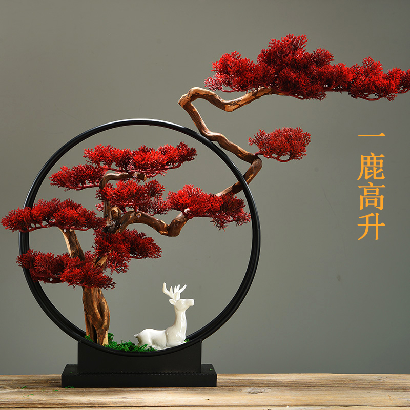 仿真迎客松创意新中式禅意陶瓷工艺品客厅玄关电视柜摆件家居饰品 三维工匠 一鹿高升-夏高清大图