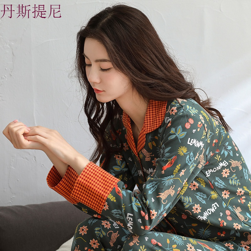 女士韩版秋季纯棉睡衣女长袖春秋大码开衫薄款全棉家居服套装