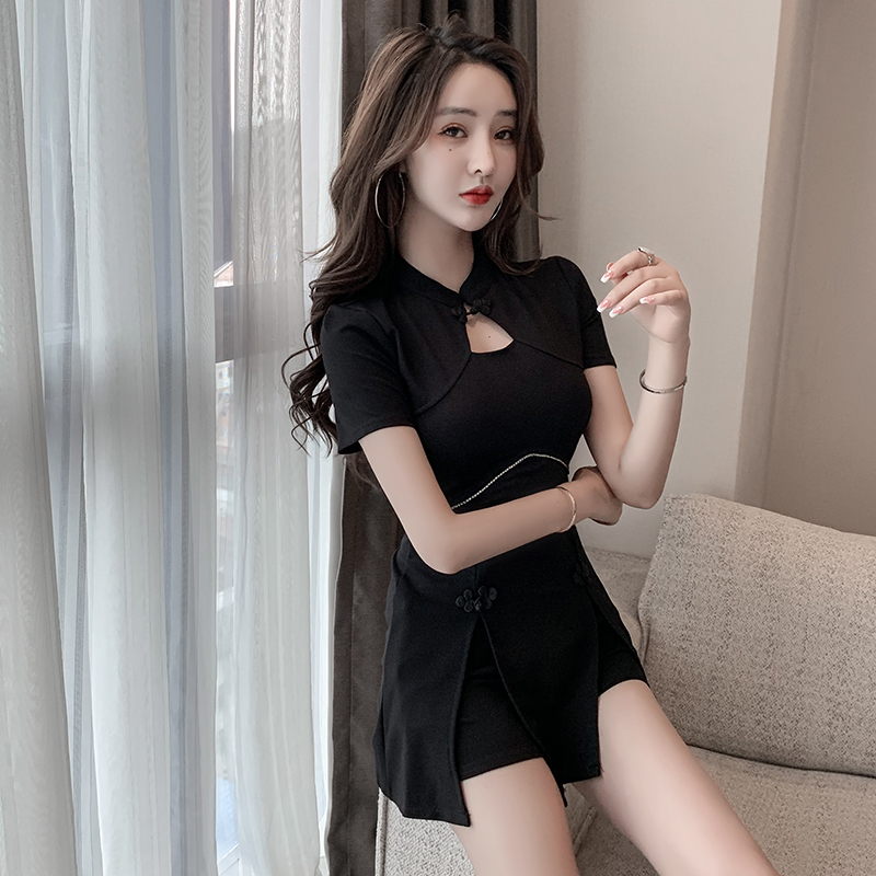 艳如飞旗袍改良版连衣裙短裤套装女夜场上班衣服桑拿足浴技师工作服中式套装