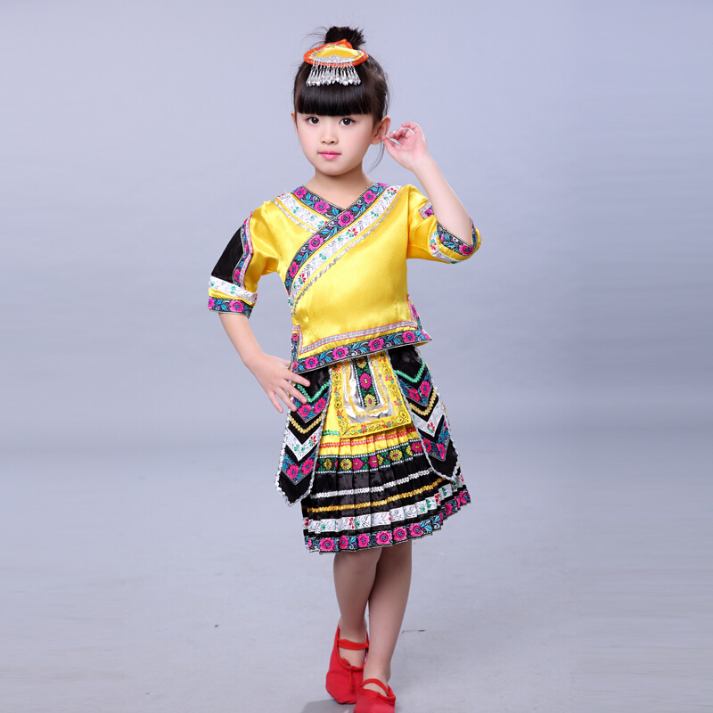 少数民族服装儿童壮族舞蹈表演服男女苗族演出服傣族葫芦丝演出服黄色