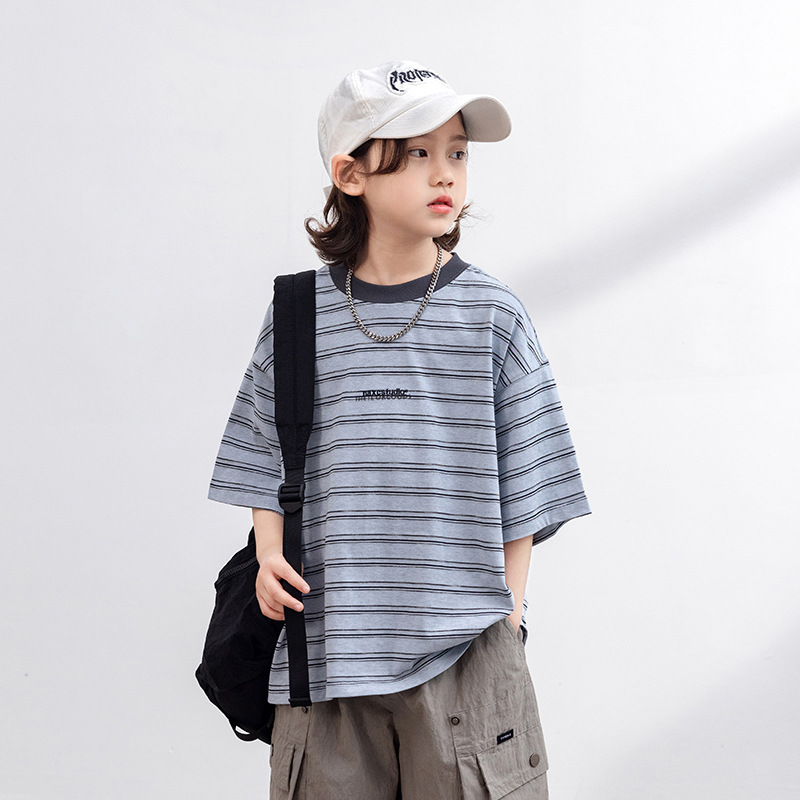 男童短袖T恤夏季2025新款儿童夏装宽松半袖中大童韩版打底衫条纹T