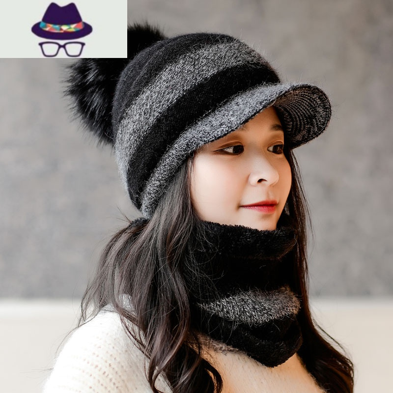 帽子女秋冬百搭带帽檐冬天保暖毛线帽加绒围脖一体防寒鸭舌帽fish