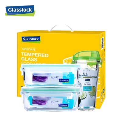 三光云彩(GLASSLOCK)韩国原装进口耐热钢化玻璃保鲜盒密封盒水杯三件套装带盖便当饭盒可微波炉加热 GL3-01
