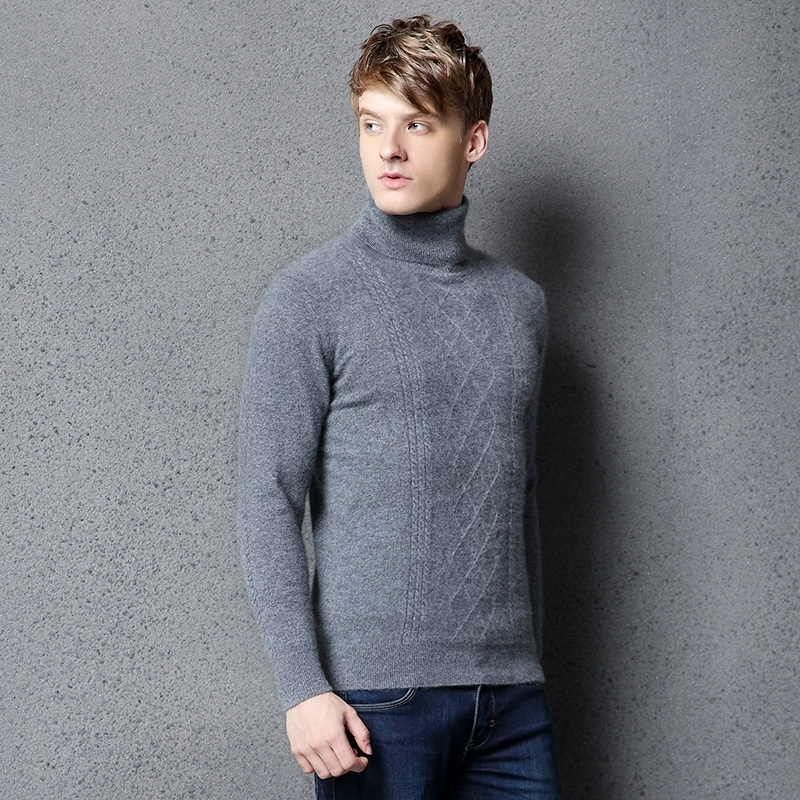 新款男士山羊绒衫高翻领羊绒衫纯色针织打底衫套头毛衣修身加厚