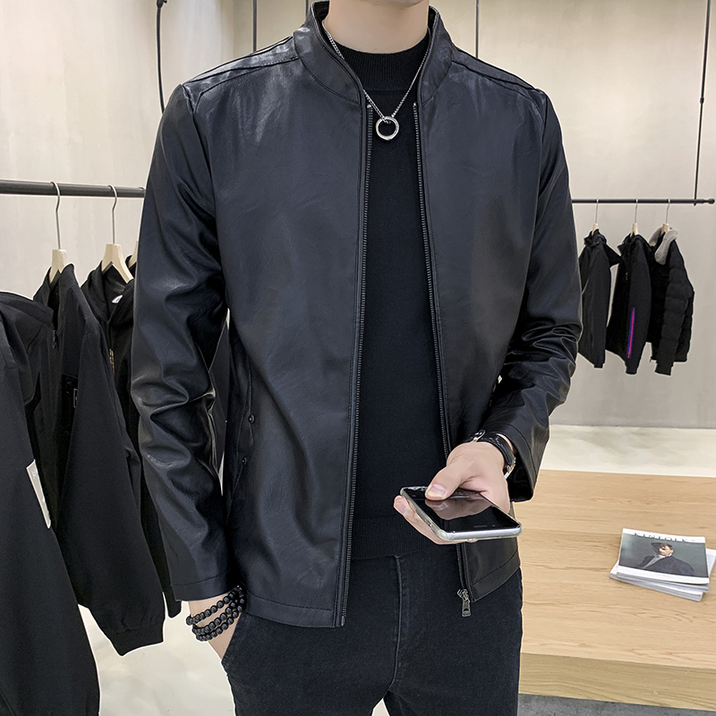 【专柜同款】春秋冬季外套男新款休闲加绒韩版立领夹克皮衣男装加大码机车服 黑色 2XL