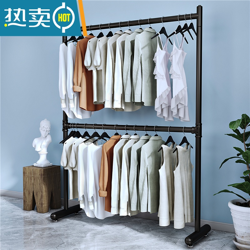 敬平北欧简约双层服装店置地衣服架加粗双杆折叠挂衣杆落地升降晾衣架 双层 黑色 长80高160晾衣杆高清大图