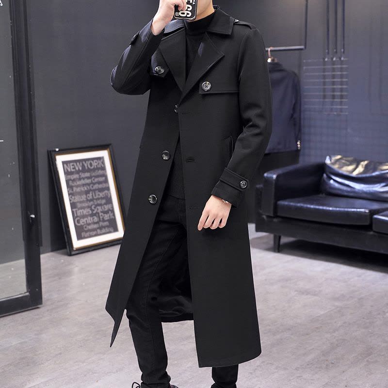 YUANSU外套男青少年学生长款过膝风衣潮流连帽大衣春秋超长款夹克男韩版风衣图片