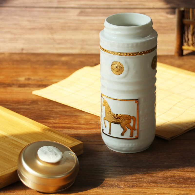 乾唐轩 正品活瓷杯 皇家骏马随身杯双层陶瓷泡茶水杯商务礼品杯白+鎏金高清大图