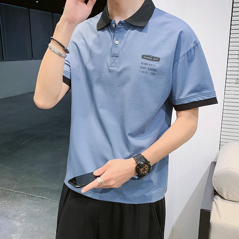 翻领t恤短袖男士2021夏季有领t恤带领男装流百搭印花简约半袖休闲夏装
