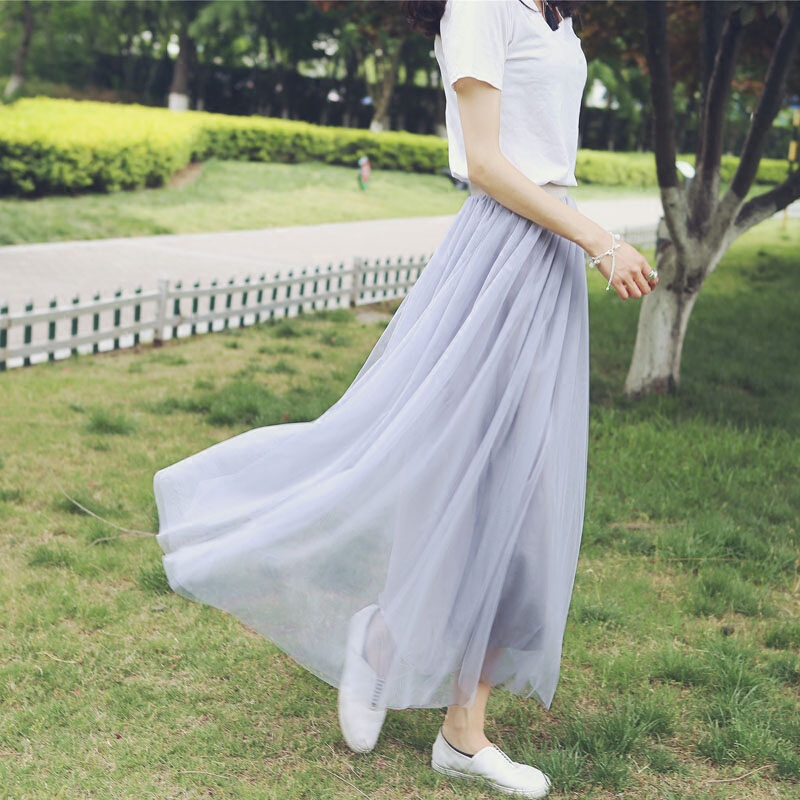 半身裙女2018春夏裙子网纱裙高腰文艺范长裙学生蓬蓬裙纱裙