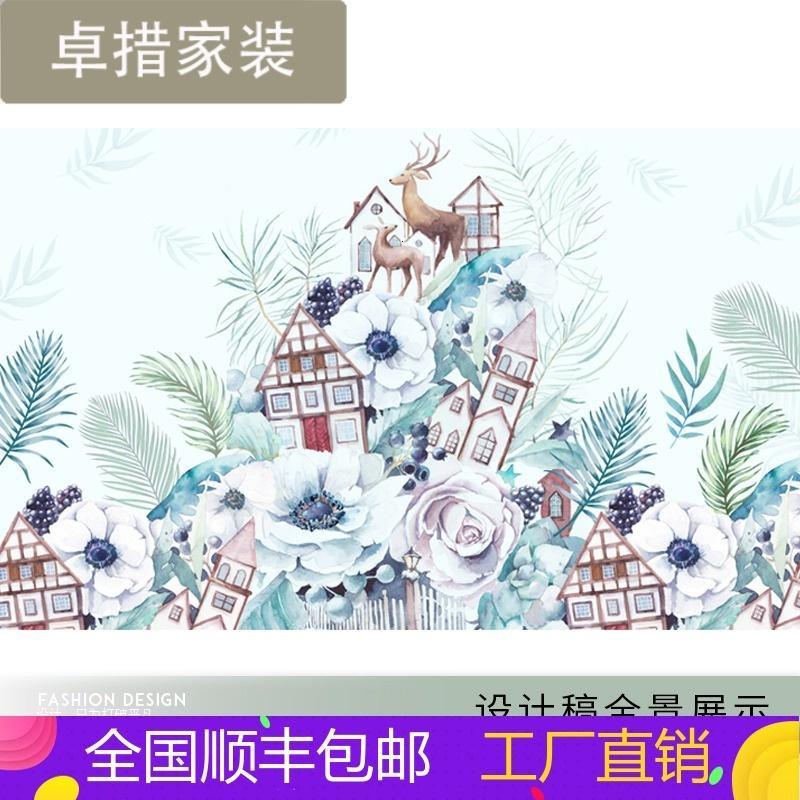 定制北欧现代创意壁纸客厅卧室无缝墙布花卉麋鹿电视背景墙纸壁画壹德壹