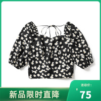 [LT新款]拉夏贝尔ins泫雅风法式衬衫女复古 小雏菊系带短款碎花锁骨 上衣