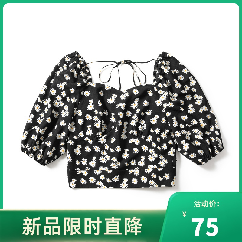 [LT新款]拉夏贝尔ins泫雅风法式衬衫女复古 小雏菊系带短款碎花锁骨 上衣