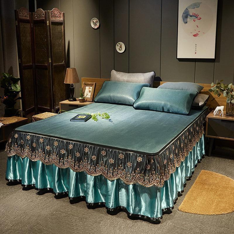 家柏饰(CORATED)夏季蕾丝床裙凉席三件套1.5m加厚可折叠冰藤席1.8m床罩冰丝席藤席 墨绿色 2.0*2.2m