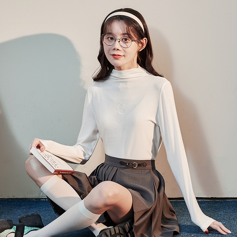 犬系女孩长袖打底衫女唐狮2022堆堆领针织衫早秋新款修身通勤上衣_43 XL 本白/第一批