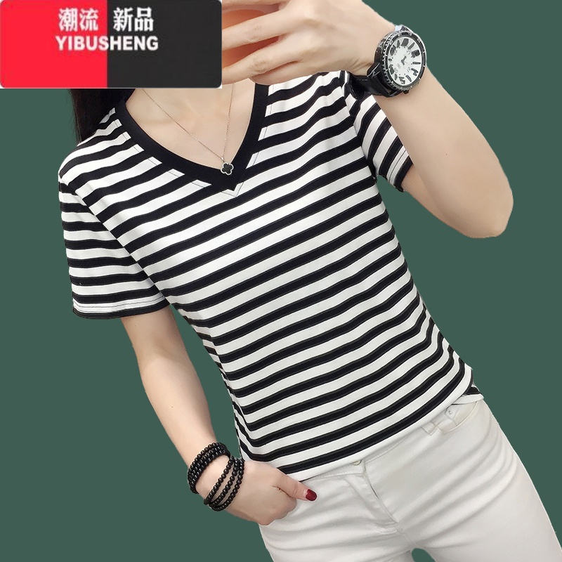YIBUSHENG2024装新款V领短袖t恤女宽松上衣服中年妈妈半袖条纹小衫高清大图