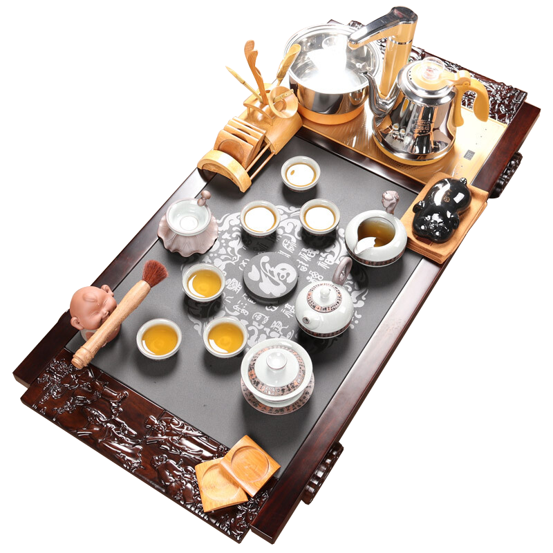 尚帝 黑檀茶盘乌金石功夫茶具套装四合一家用整套大号石头茶台 八仙过海龙珠11入智能旋转电热炉套装