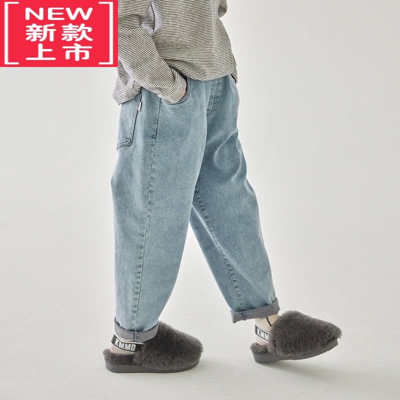 可莉允22儿童火山岩绒牛仔裤男女童复古蓝锥形裤松紧保暖长裤保暖裤图片
