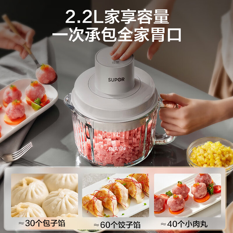苏泊尔(SUPOR)绞肉机家用电动料理碎肉机多功能辅食有钛刀2.2L大容量绞馅机搅拌机(1副刀片) JR72-B220高清大图