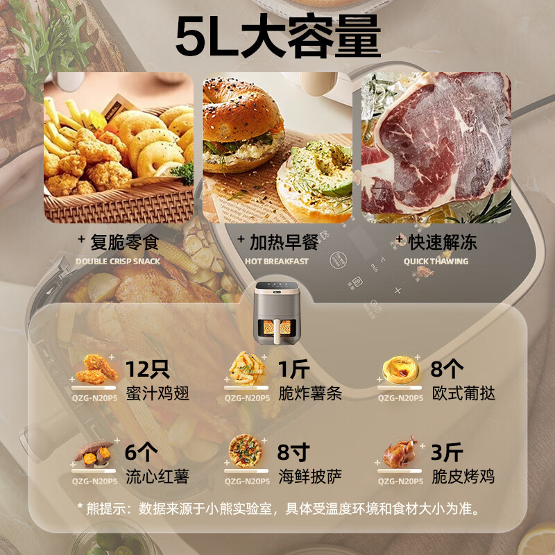 小熊(Bear)空气炸锅 不用翻面双热源全自动 5L 可视炸烤箱一体机 QZG-N20P5高清大图
