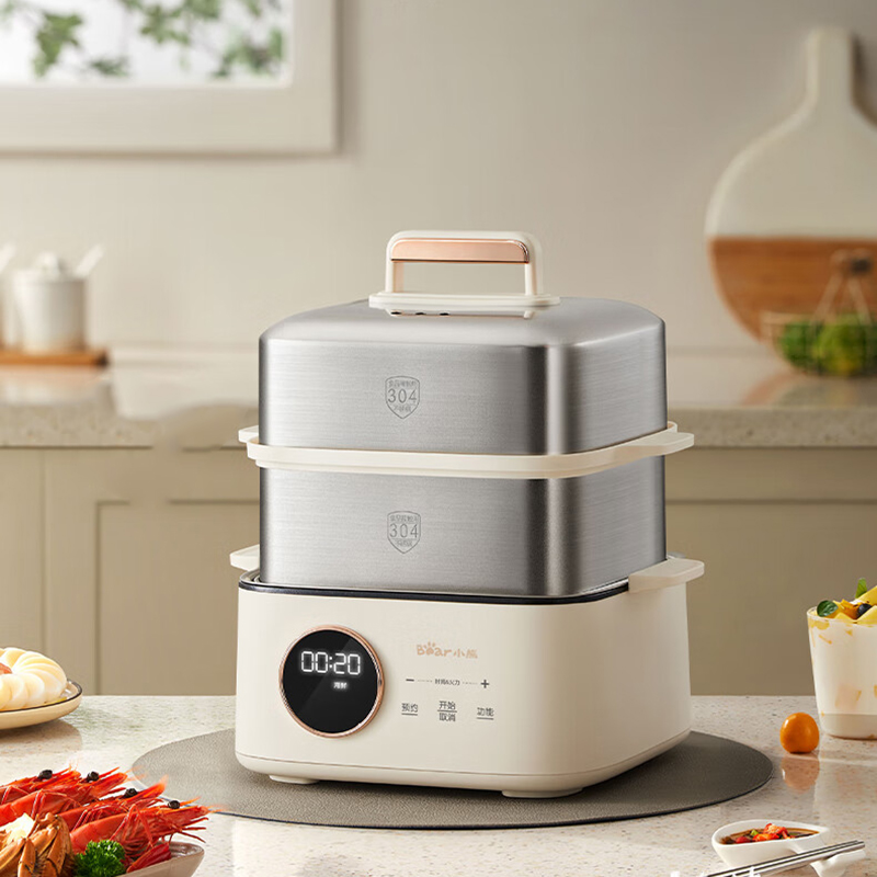 小熊(bear)电蒸锅家用多层大容量智能蒸锅9.5L智能预约炖蒸煮一体机DZG-B23W1精钢方形蒸舱/台