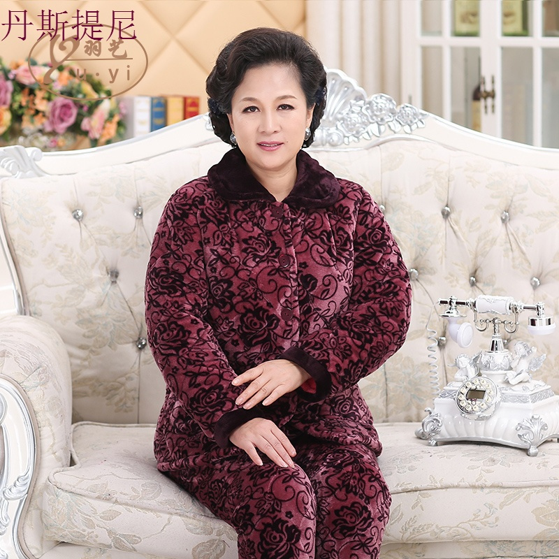 中老年人睡衣女冬季加厚绒三层夹棉珊瑚绒法兰绒套装妈妈家居服秋