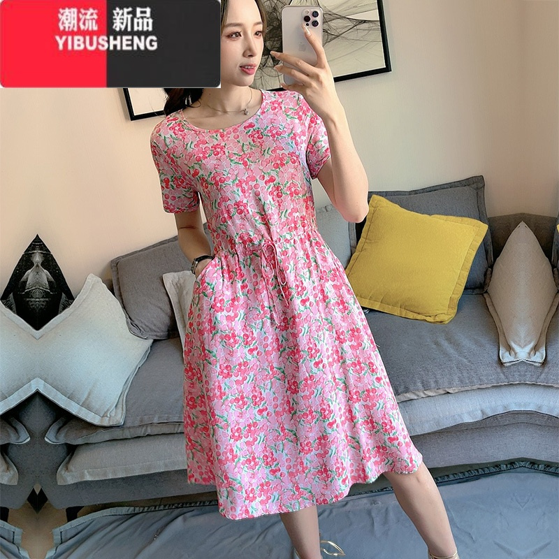 YIBUSHENG碎花棉绸连衣裙短袖新款清凉绵绸系带收腰藏肚口袋人造棉中长裙