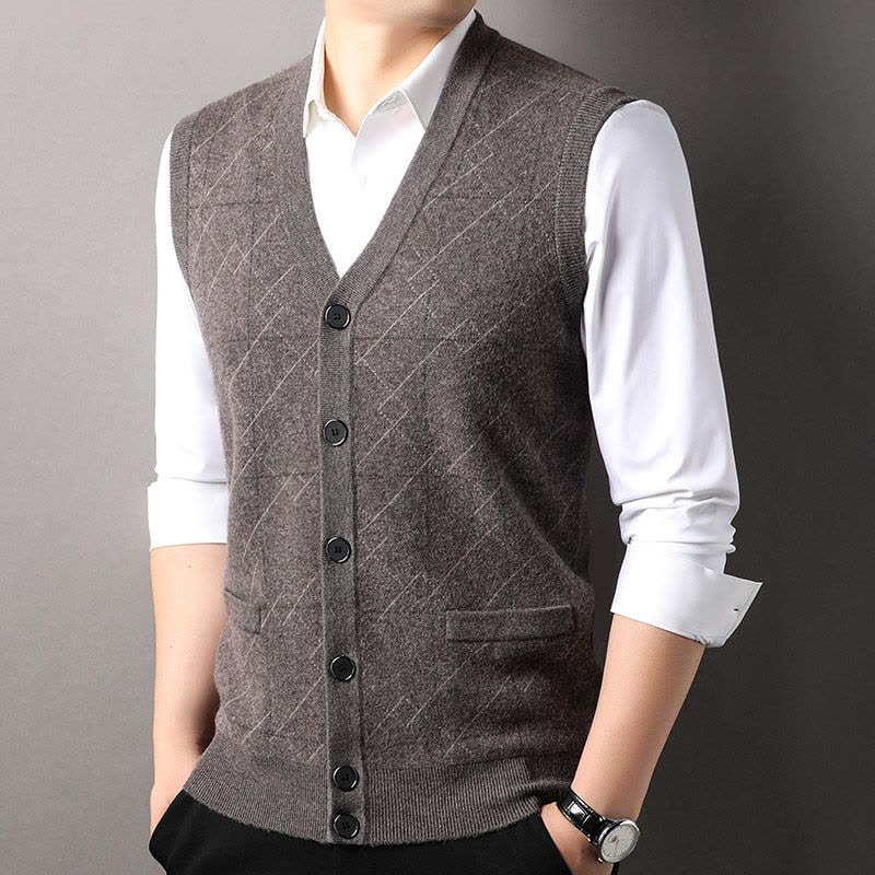 免费退换 秋冬男士纯山羊毛绒衫马甲针织开衫羊毛背心中老年毛衣山羊绒不褪色保暖舒适全羊毛新品特价大牌同款图片