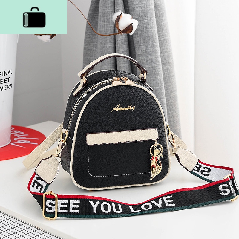 双肩包女2020新款时尚百搭网红韩版单肩斜挎拼色小背包NEW LAKE 黑色拼白色