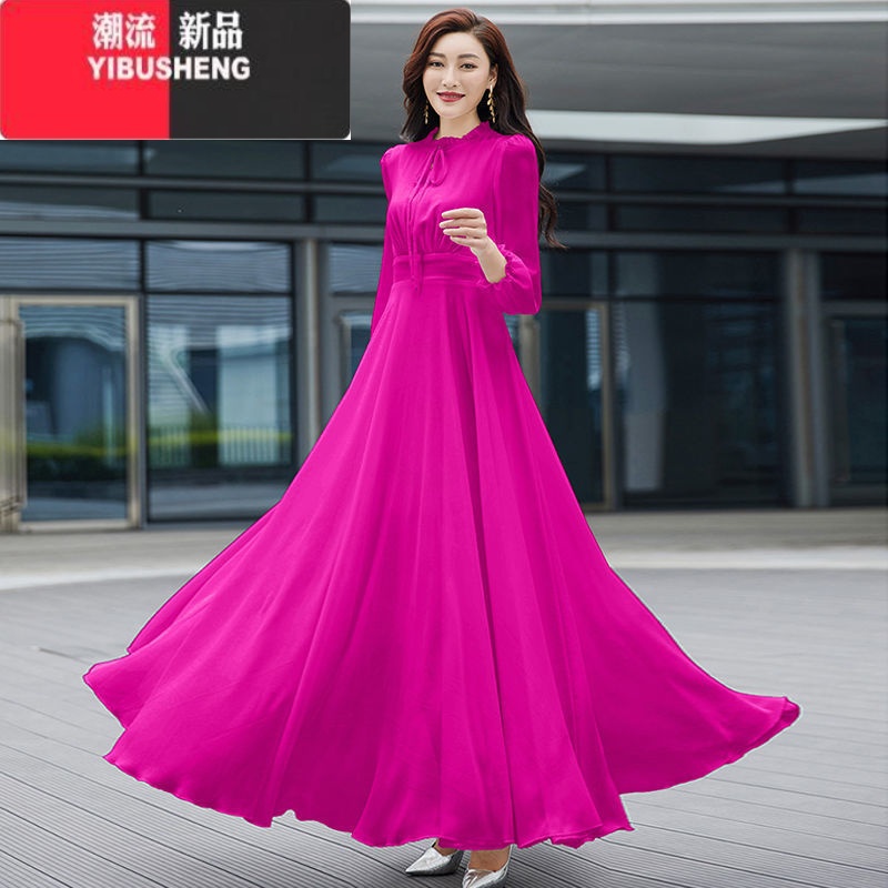 YIBUSHENG2024新款女长袖系带领纯色雪纺连衣裙修身显瘦沙滩度假长款大摆裙高清大图